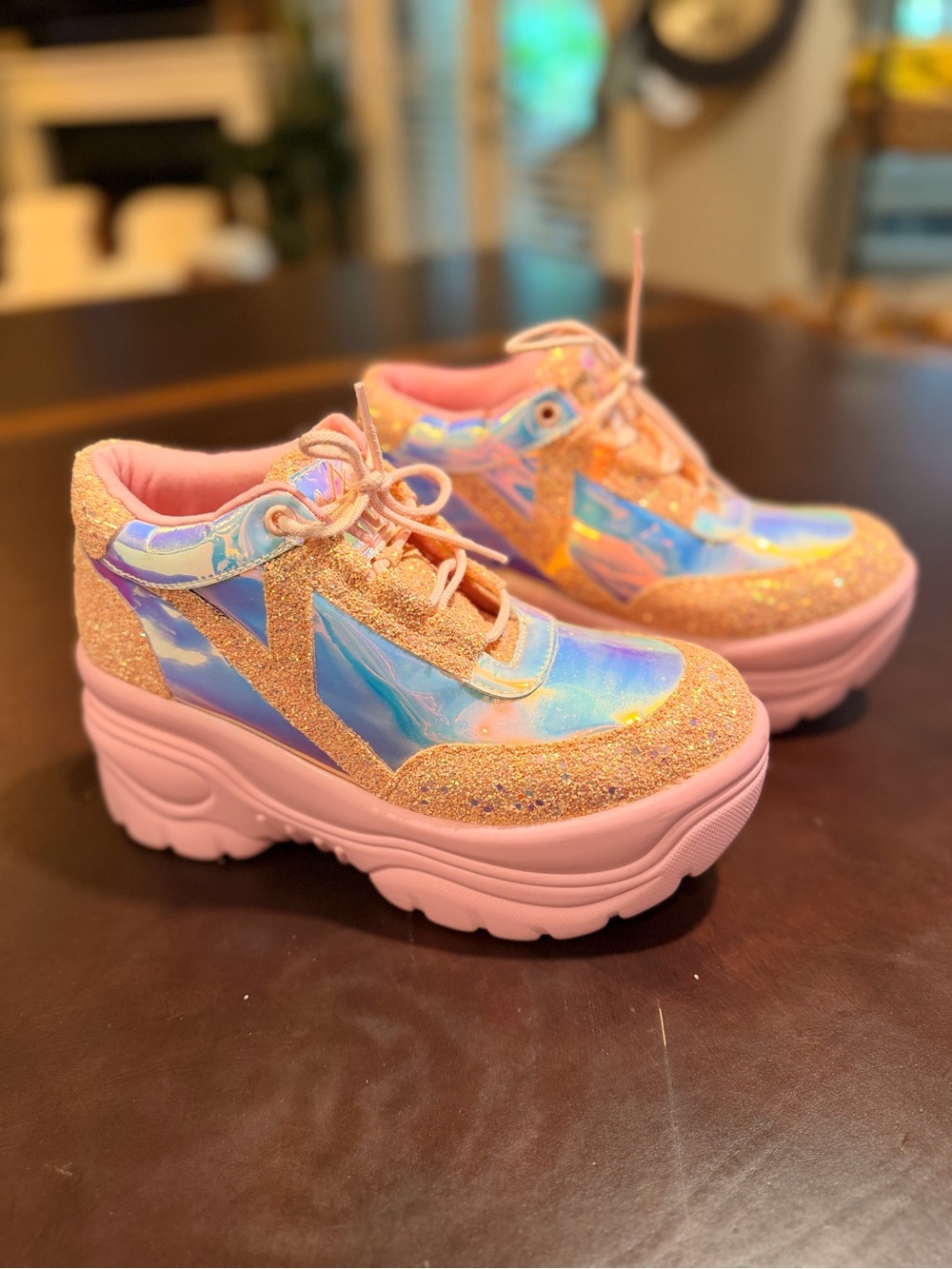 Dolls Kill Pink Iridescent Glitter Platform Sneakers